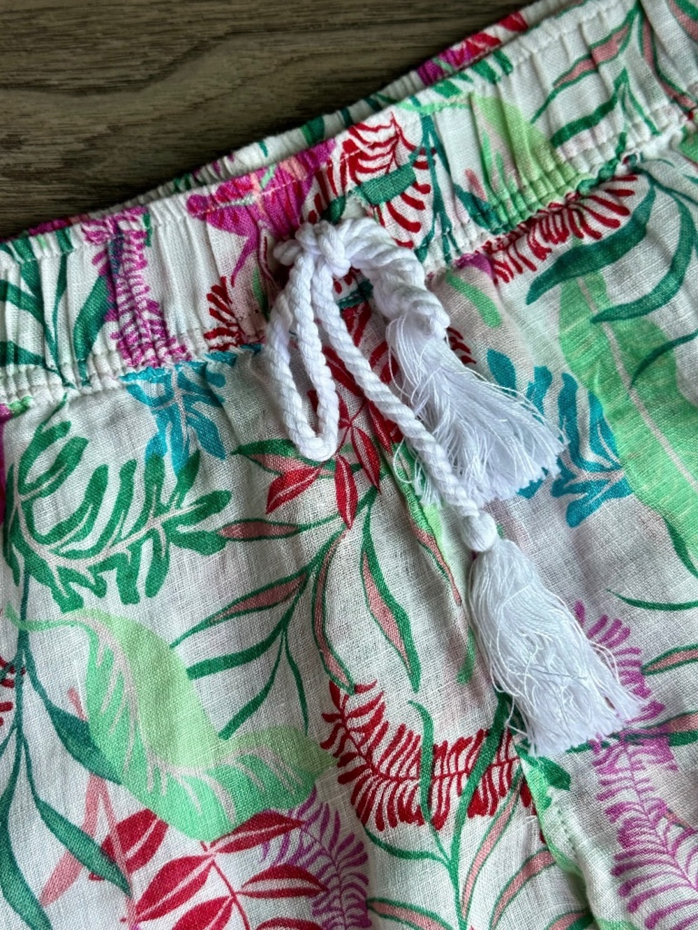 Tropical Resort Wide Leg Palazzo Pants Tassel Tie Botanical Print White - Picture 5 of 14